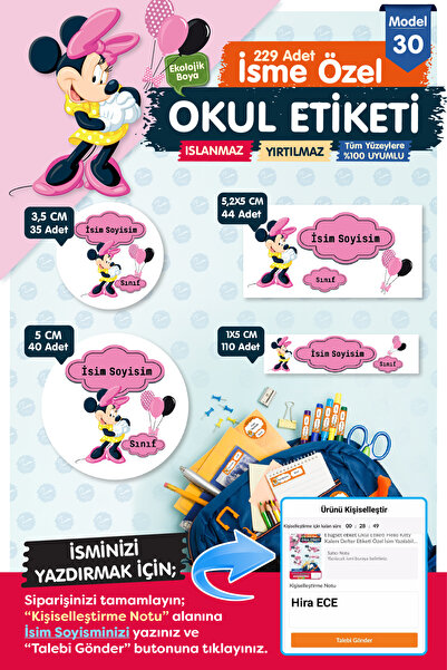 t tuğset etiket Okul Etiketi Mini Mouse Kalem Defter Etiketi Özel İsim Yazıla...