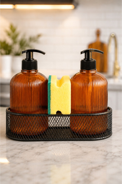 ANGDESİGN Deniz Cam Liquid Soap Dispenser Set of 2 - Metal Black Stand - Ambe...