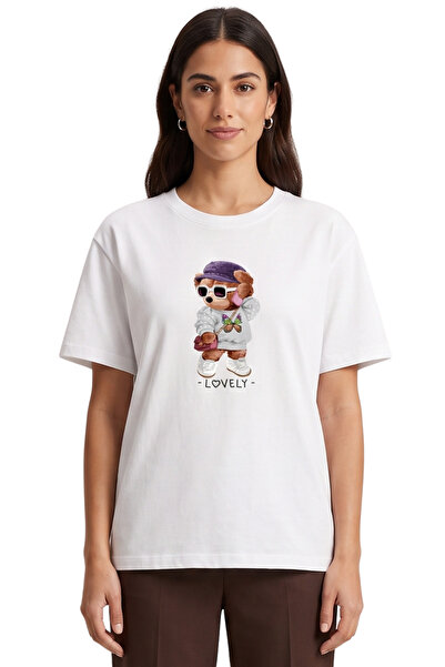DK DAKSEL Γυναικείο καπέλο Oversize Teddy Bear με στάμπα λευκό μπλουζάκι