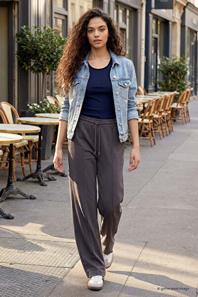TOMMY LIFE Pantaloni Palazzo pentru femei, gri închis, cu textura moale, cu b...
