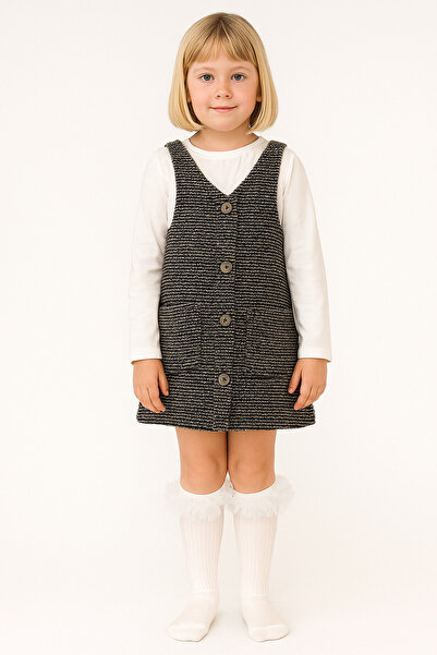 NOBLEKIDS Girl's Buttoned Dress with Straps – Pockets, Textured Fabric