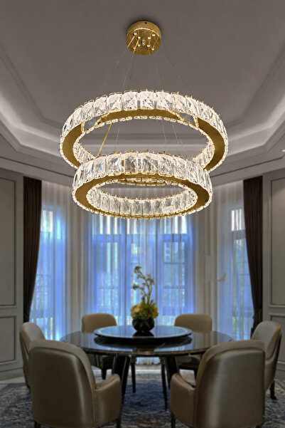 RSCOLLECTIONS 2 DAİRE TAŞLI MODERN LED AVİZE Kumandalı Gold