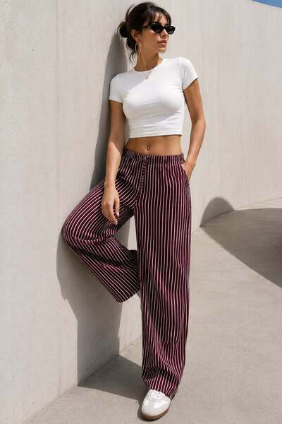 Madmext Burgundy Adjustable Waist Striped Pocketed Wide Leg Women's Trousers ...