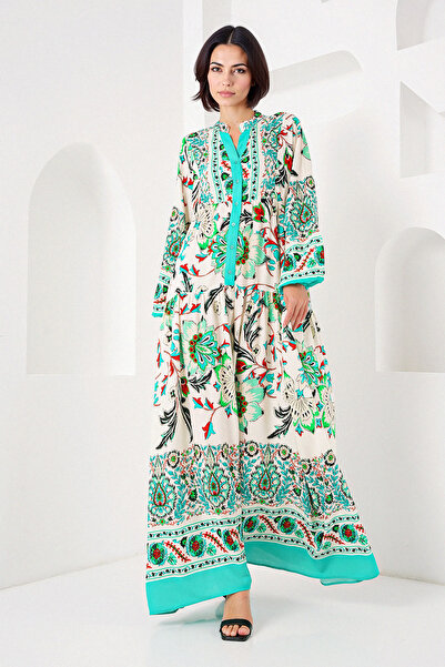 Merterium Women's Patterned Hijab Dress Y.Green 1010