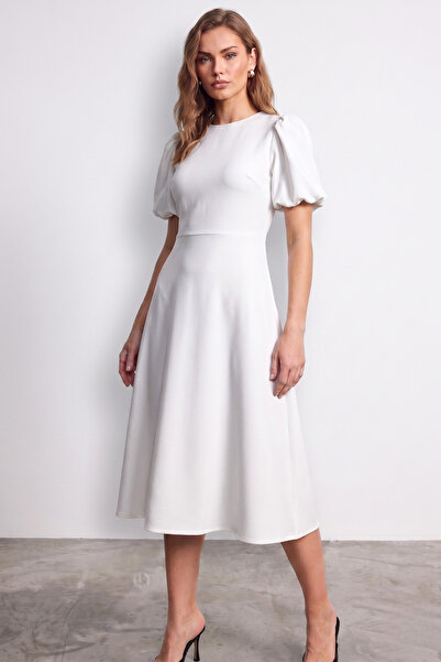 Ceylen Crew Neck Balloon Sleeve Midi Length A-Line Dress