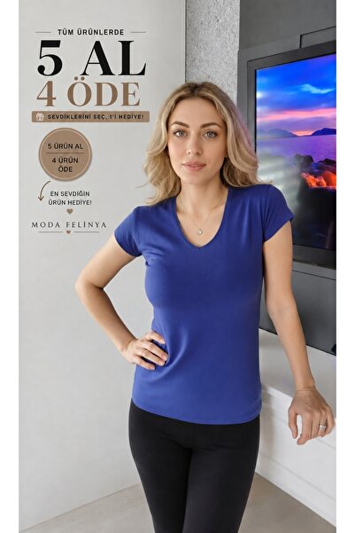 moda felinya Women's Short Sleeve V-Neck Blue-Purple Color Body T-Shirt