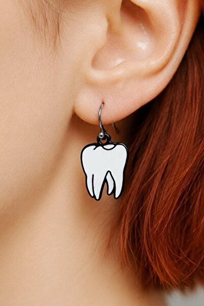 Fildişi Aksesuar White Tooth Shaped Enamel Women's Earrings Double Piece Hand...