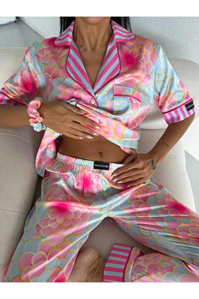 Pijamaya Premium Saten Kumaş Düğmeli Kısa Kollu Uzun Pijama Takımı - Bandaj v...
