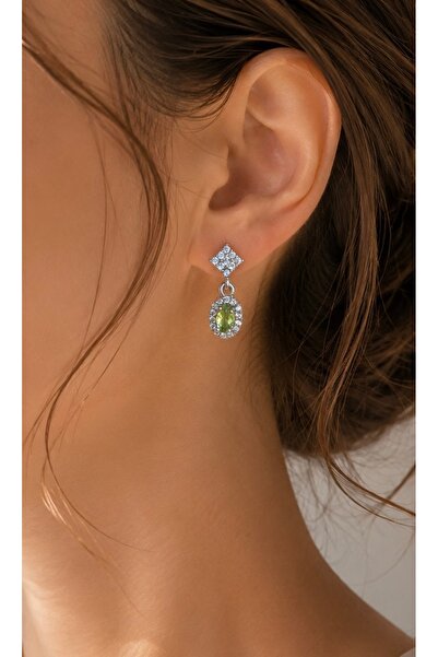 FAYRA ACCESSORIES Minimal White Earrings with Oval Crystal Green Peridot Stone