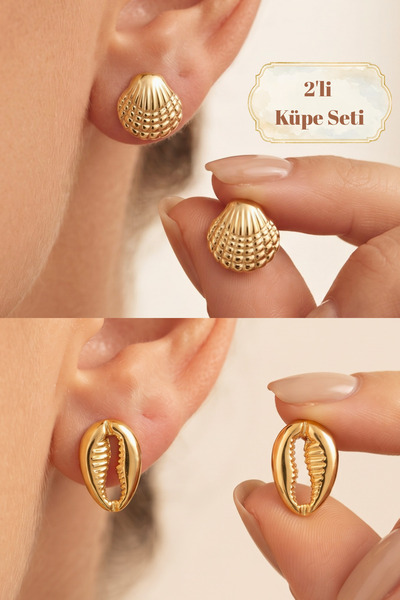 Elika Silver Summer Themed Seashell Model Gold Color 2-Piece Earring Set