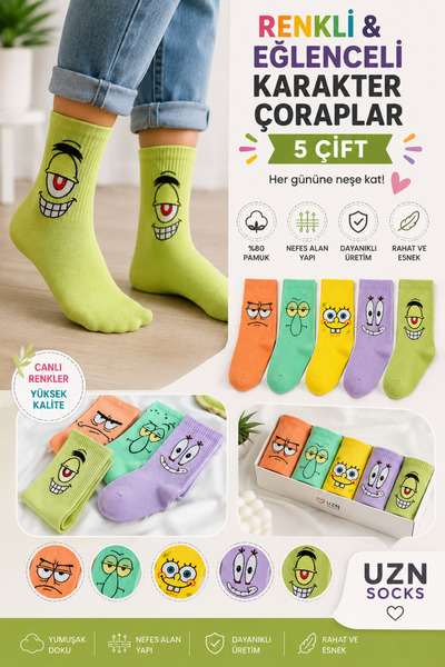 UZN SOCKS 5 ÇİFT RENKLİ DESENLİ KOLEJ ÇORAP / RENKLİ SPOR ÇORAP