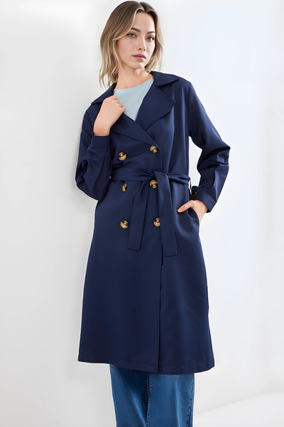 Merterium Women's Double Breasted Collar Trench Coat Navy Blue 1053