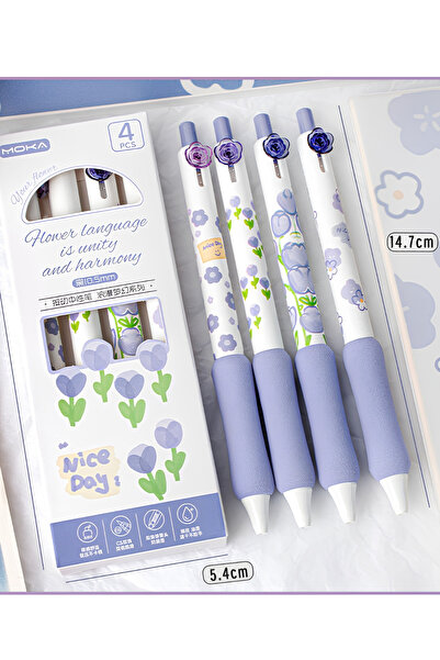 ÖZ OFİS Kawaii 4'lü Moka 0.5mm Çiçek Desenli Sünger Tutuşlu Basmalı Jel Kalem...