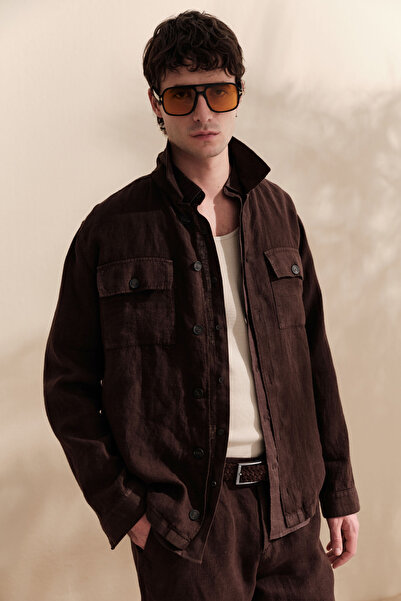 Avva Men's Brown Classic Collar Breathable 100% Linen Comfort Fit Shirt Jacke...