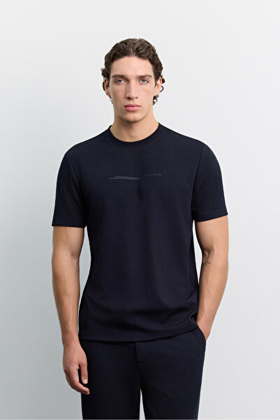 Avva Men's Navy Blue Crew Neck Shiny Rubber Printed Interlock Regular Fit T-S...