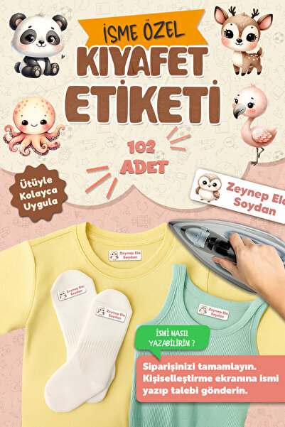 MSticker Kıyafet Etiketi - Okul Kıyafetlerine Kişiye Özel 30 Saniyede Kolay Uygulama Yıkanabilir - Hayvanlar