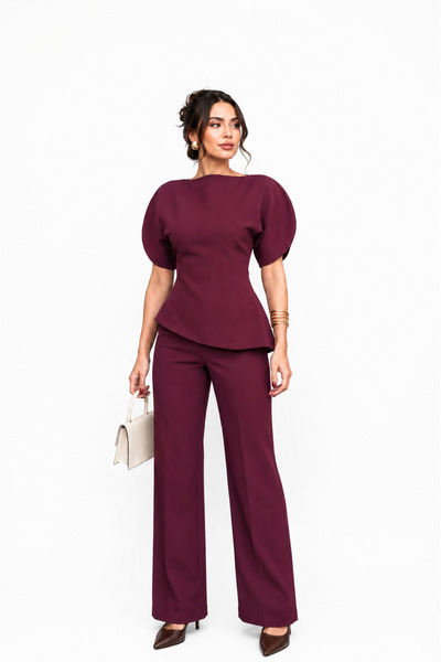 BNGL Boutique Bele oturan bluz & pallazo pantolon takım bordo renk