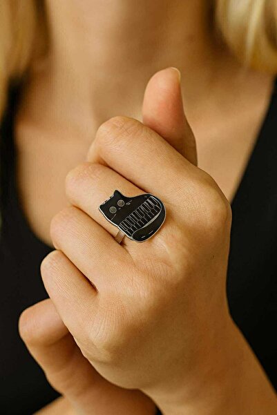 Herşey Nota Black-Silver Enamel Women's Adjustable Ring with Cat and Piano Pa...