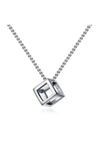 Herşey Nota Minimal Square Empty Cube Charm Necklace – Zamak Plated Unisex Ge...