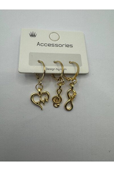 Herşey Nota Set of 3 Love Themed Women's Earrings with Gold Color Heart, Musi...