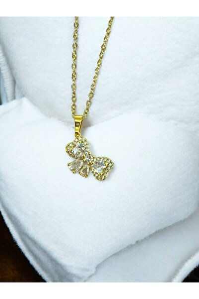 Herşey Nota Bow Detailed Zircon Heart Stone Women's Necklace – Gold Color Sta...