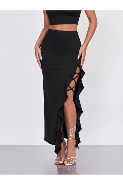 morche Women's Volanli Single Leg Slit Long Fish Model Ruffled Maxi Gothic Skirt