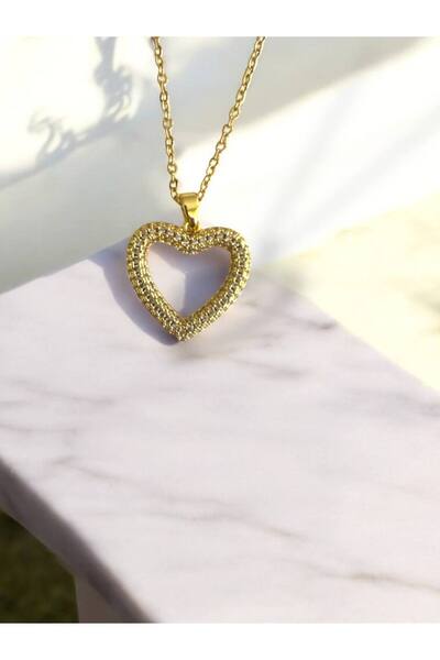 Herşey Nota Zircon Stone Heart Women's Necklace – 55 cm Stainless Steel, Spar...