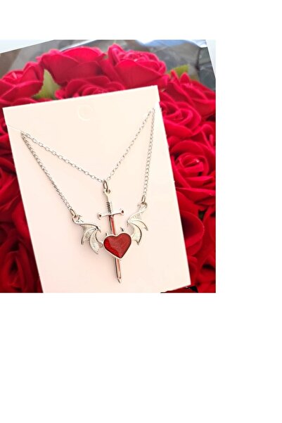 Herşey Nota Pair Necklace Set with Patterned Wings in the Heart - Gothic Hear...