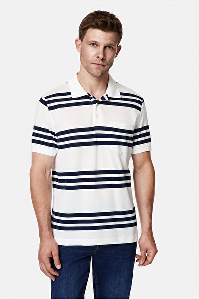 Abdullah Kiğılı Regular Fit Buttoned Polo Collar Striped Pocket T-Shirt 100% ...