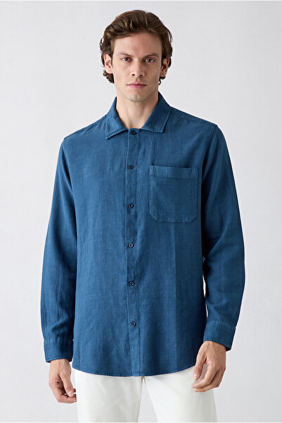 Kiğılı Long Sleeve Regular Fit Pocketed Striped Linen Blend Denim Shirt