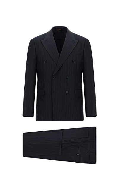 Abdullah Kiğılı 7 Drop Slim Fit Dar Kesim Yünlü Çizgili Kruvaze Takım Elbise
