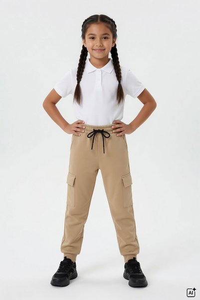 CansınMini Cream Elastic Waist Basic Cargo Pocket Girls' School Sweatpants 19194