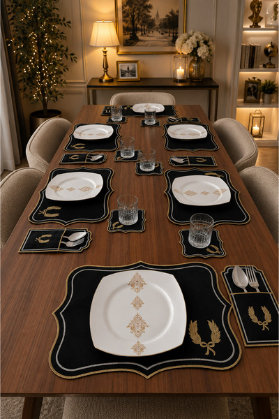 Çeyiz Diyarı Let's Eat Linen Embroidered American Service Set 19 Pieces Black
