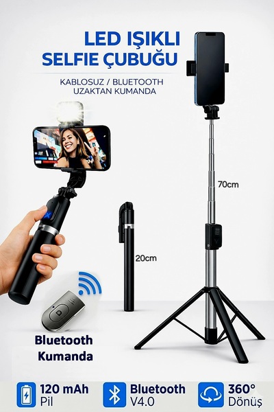 sa-na port Led Işıklı tripot ve Selfie Çubuğu Bluetooth Kumandalı Kablosuz Se...