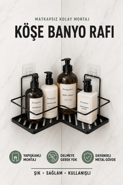 risingmaber Siyah Yapışkanlı Metal Banyo Düzenleyici Banyo Köşe Raf Şampuanlı...