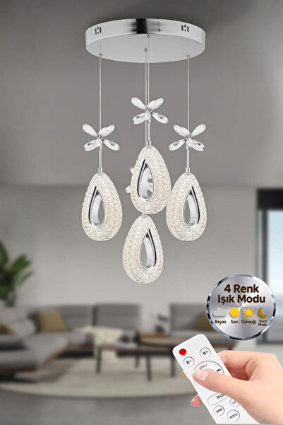 Lumia Lighting Damla Model 4'lü Gümüş Kumandalı 3 Renk Modu Ledli Kristal Taş...