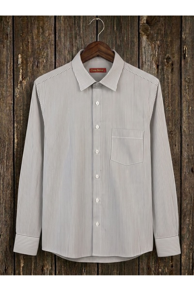 Men's Striped Classic Wide Fit Long Sleeve Pocket Shirt