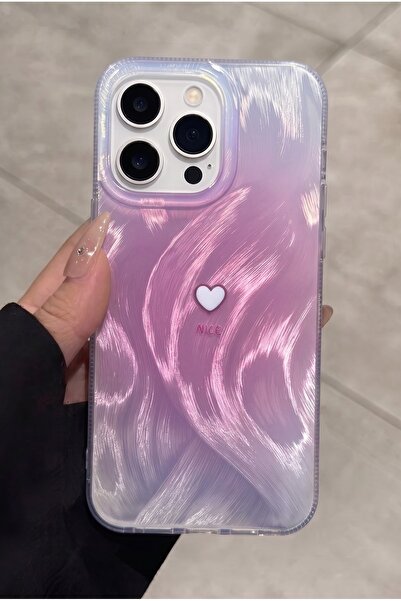 KVK PRİVACY iPhone 15 Pro Uyumlu Pembe Tüylü Dalga Desenli Küçük Kalp Tasarım...