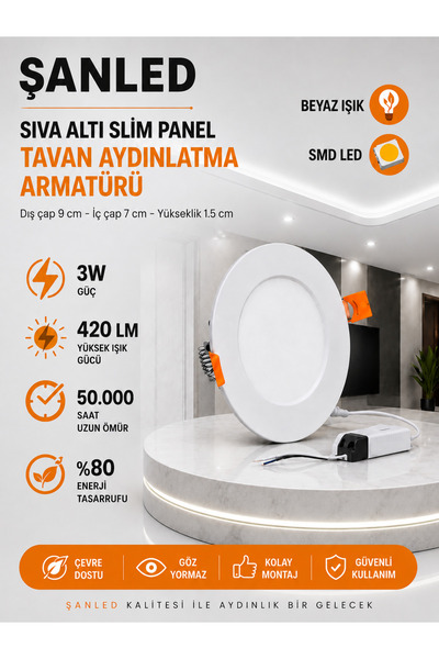 ŞANLED 3w Tasarruflu Led Yuvarlak Beyaz Işık Sıva Altı Slim Panel 1 Adet