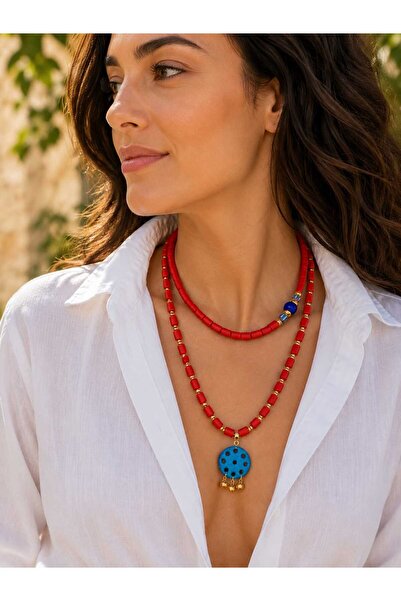Sinem Şanlı Atelier Luna Matte Red Glass Beads Syriac Stone Double Necklace S...