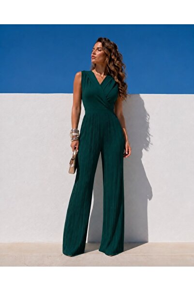 Modafeminen Emerald Double Breasted Collar Pleated Sleeveless Jumpsuit 582225