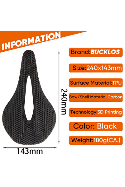 BUCKLOS 3D-2 3D Printed Bicycle Saddle Full Carbon Fiber Bike Seat Cushion Ul...