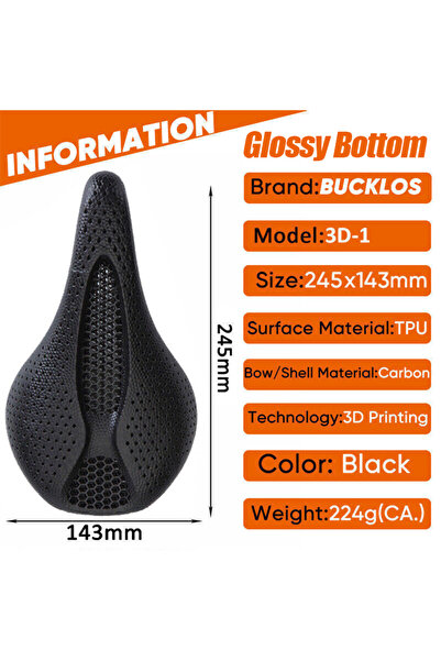 BUCKLOS 3D-1 Gloss bottom 3D Printed Bicycle Saddle Full Carbon Fiber Bike Se...