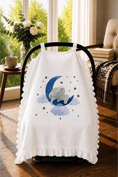 bebeqon 100% Muslin Baby Stroller Cover with Ruffles and Elephant Pattern, Wh...