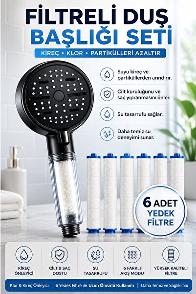 Kitchen Beauty Filtreli Duş Başlığı | 6 Adet Yedek Filtre | Kireç Önleyici | Su Arıtıcı | Klor Arıtıcı | 6 Fonksiyonlu Duş Seti