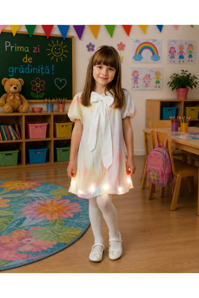 fustite cu luminite Rochie curcubeu cu fundă, pentru școală, grădiniță - 5-6 ...