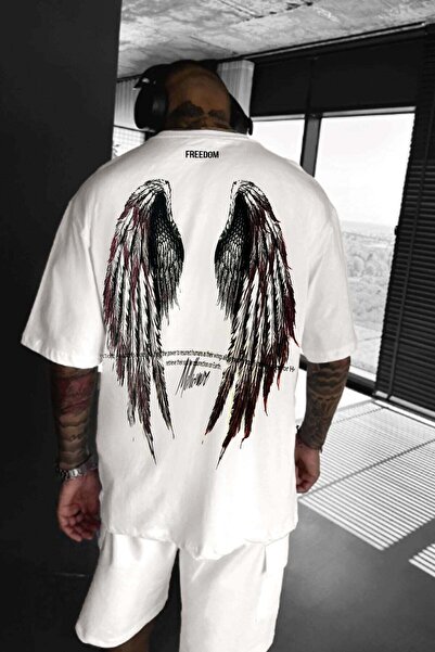 Teenage Millionaire Men's Ecru White Freedom Wing Printed Oversize Casual T-S...