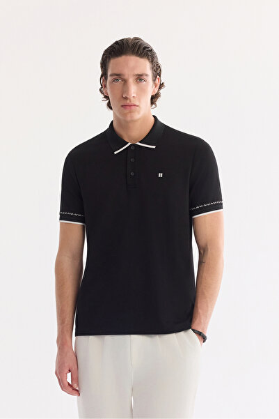 Avva Men's Black Non-Curling Polo Collar Buttoned Bi-Stretch Interlock Regula...