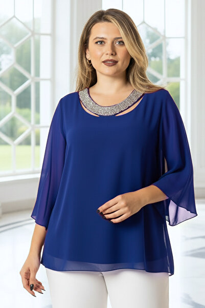 SUBU TASARIM Chiffon Collar Stone Detailed Plus Size Evening Dress Blouse Tbs...