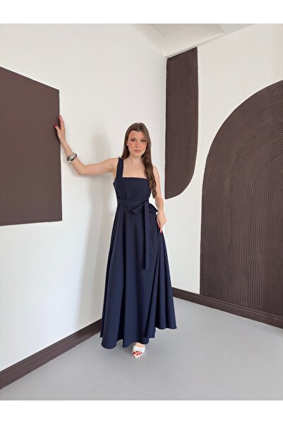 Ekim Store Thick Strappy Waist Belted Maxi Dress